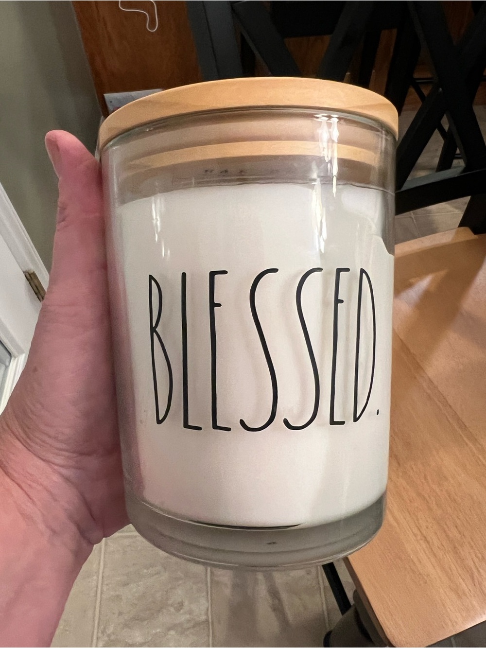 Rae Dunn White 'BLESSED' Candle Jar with Wood Lid . Never lit .